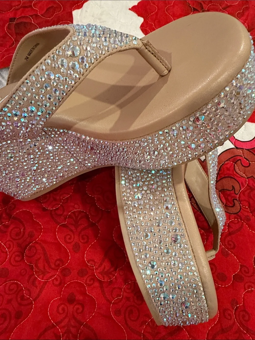 Wild Pair Nude Crystal Wedge Flip Flops - Women